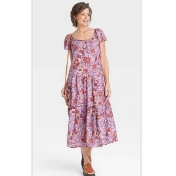 Knox Rose Dresses & Skirts - Knox Rose Flutter Sleeve Midi Boho Purple Haze Floral Dress Size Med